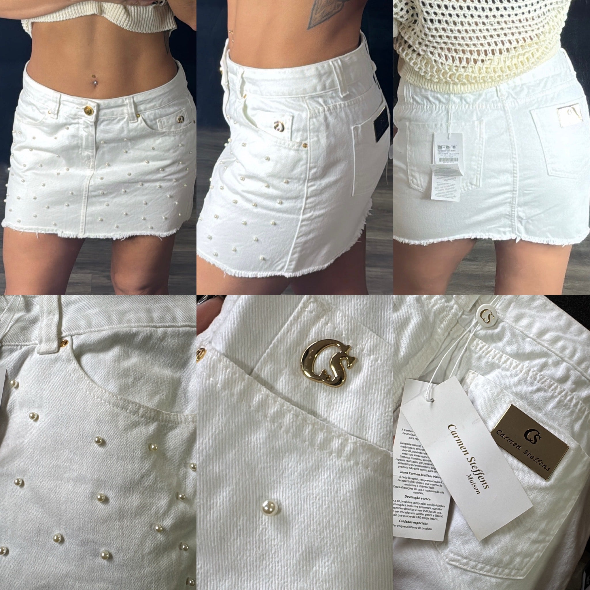 Saia Jeans + Aplicação Pérolas Carmen Steffens