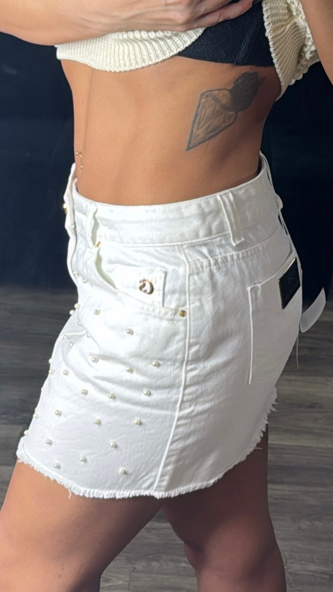Saia Jeans + Aplicação Pérolas Carmen Steffens