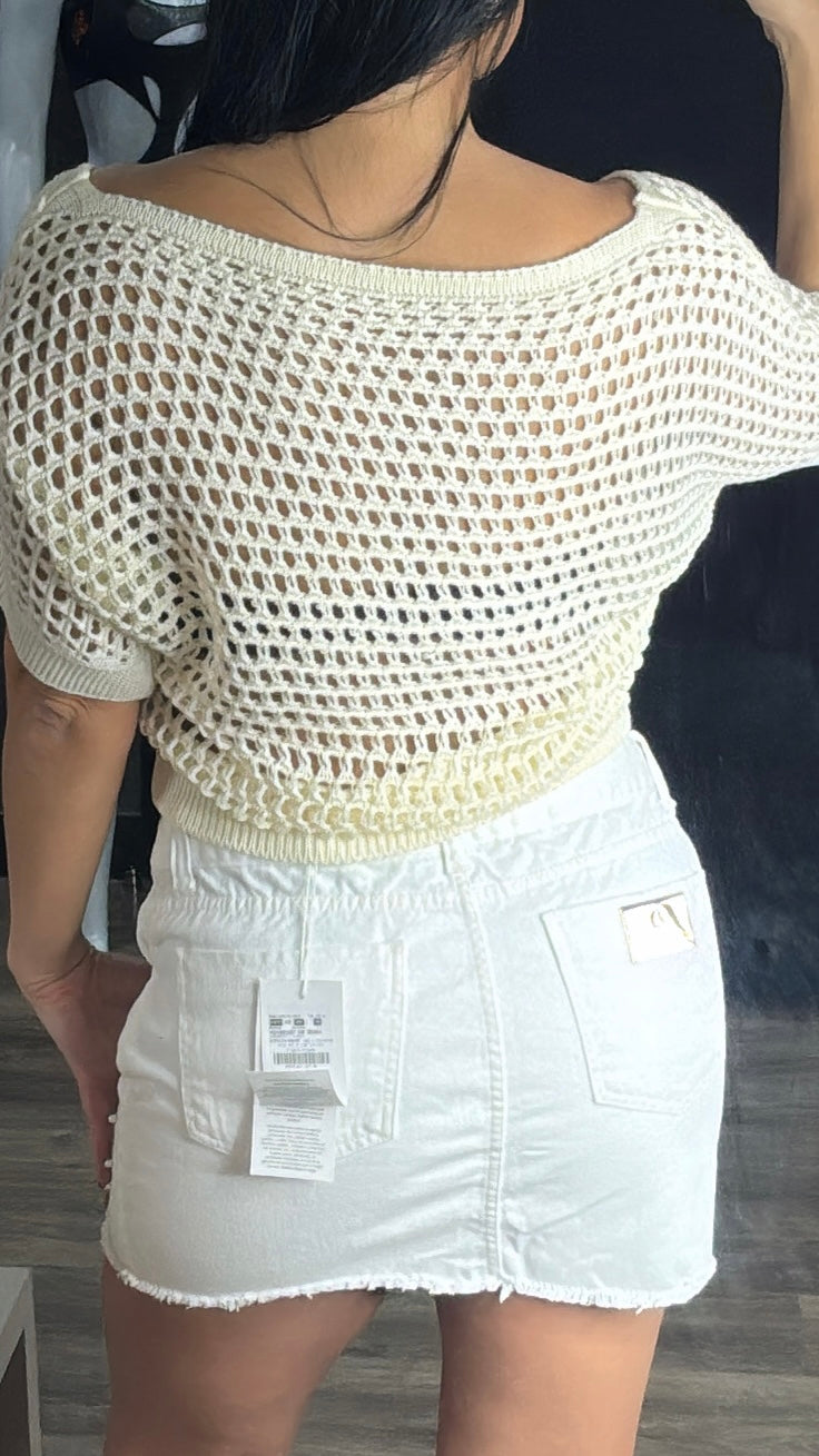 Saia Jeans + Aplicação Pérolas Carmen Steffens