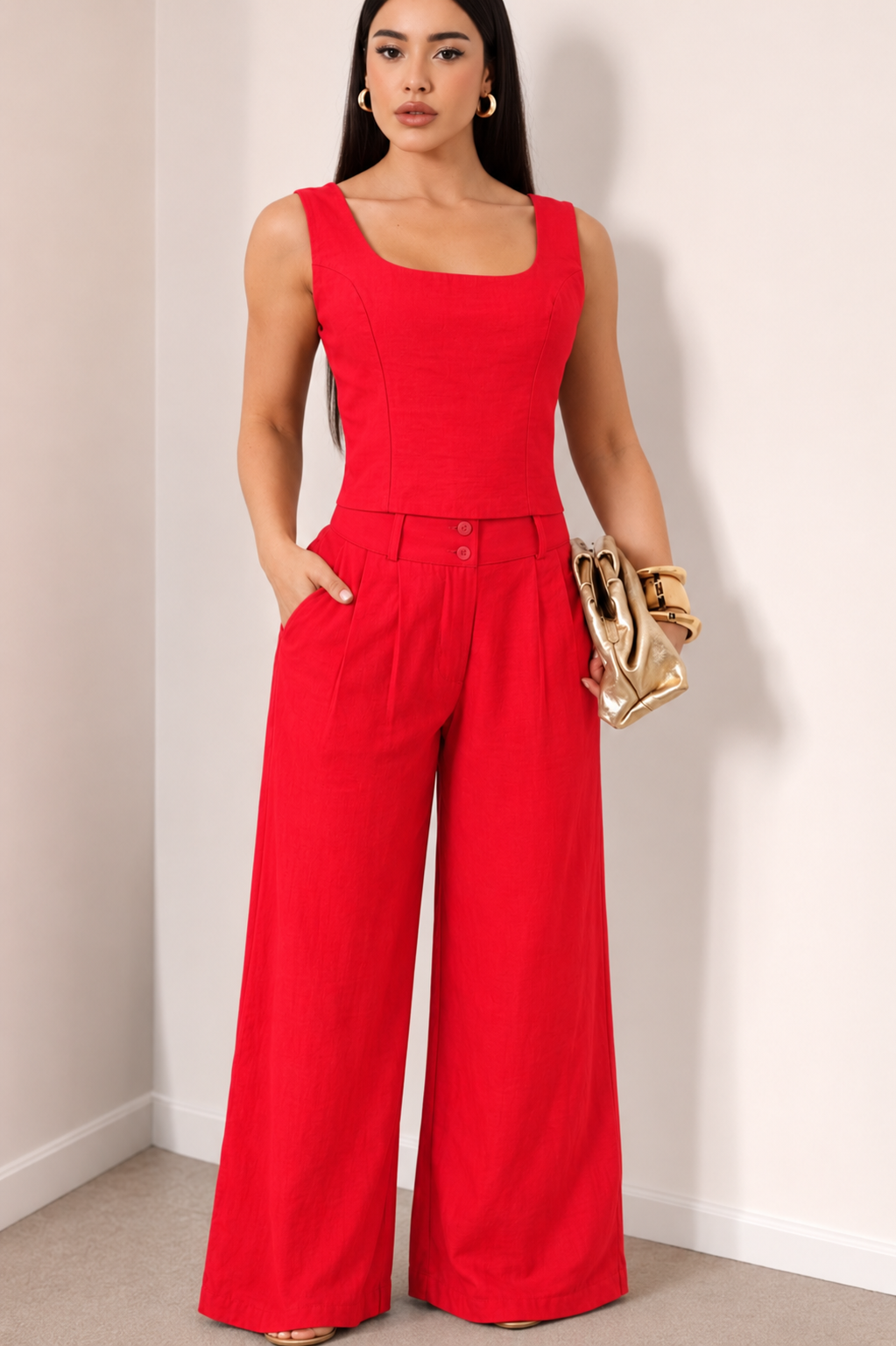 Calça Pantalona Com Botão Duplo