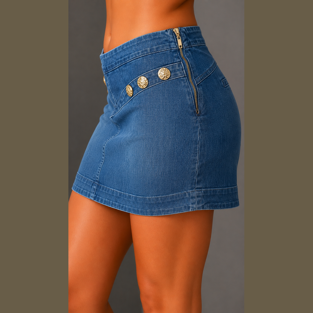 Saia Jeans + Aplicação Broche CARMEN STEFFENS