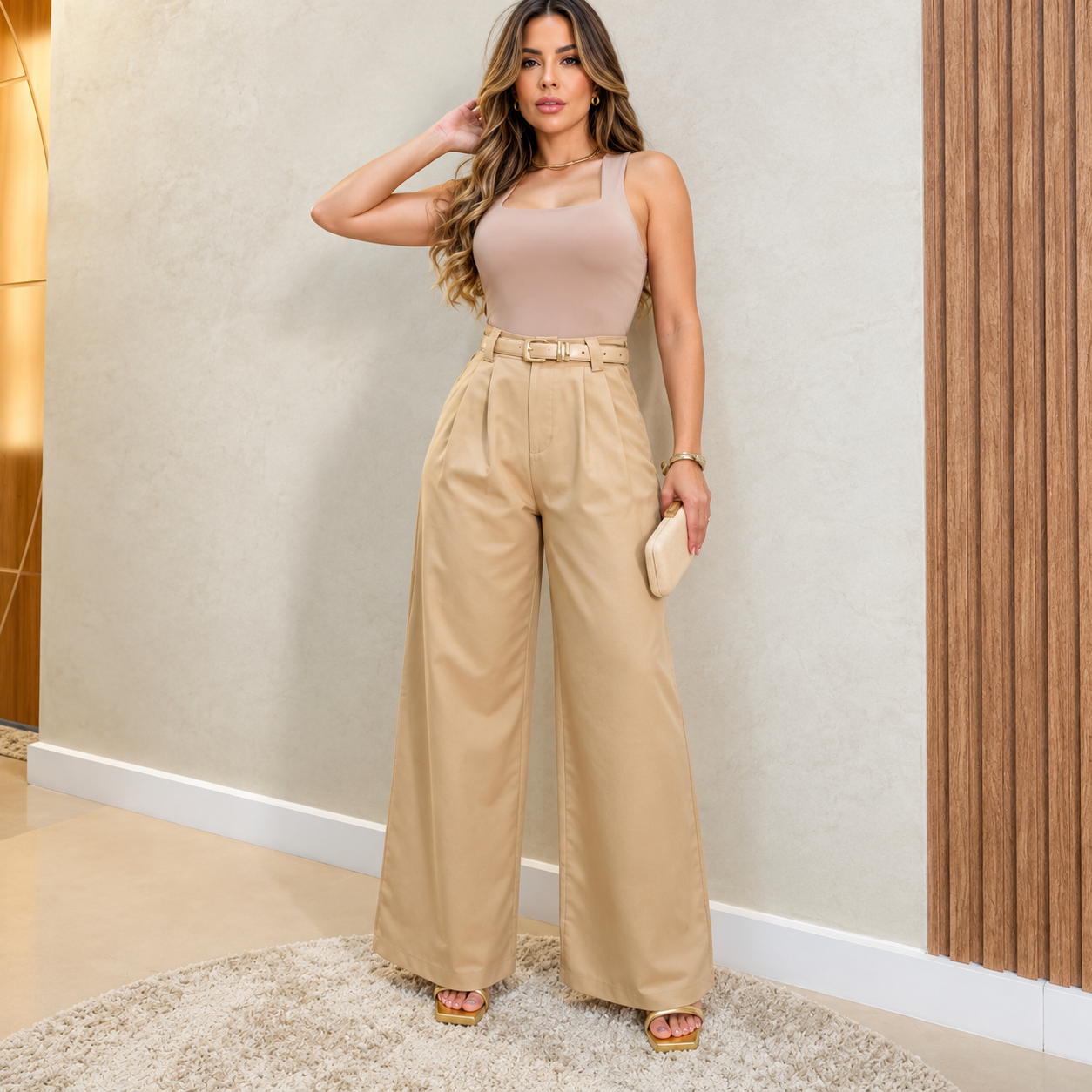 Calça Alfaiataria Pantalona Com Cinto