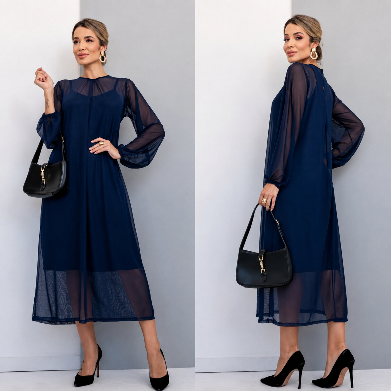 Vestido Longo + Manga Longa Tule Sobreposição