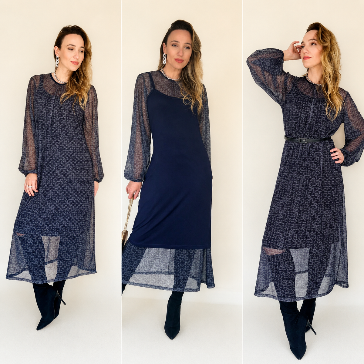 Vestido Longo + Manga Longa Tule Sobreposição