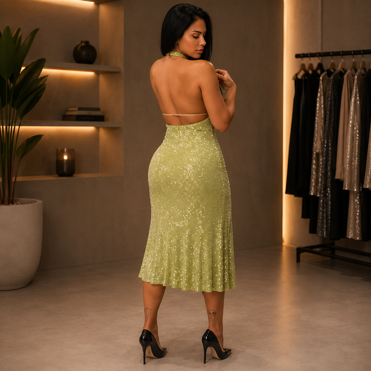 Vestido Midi Frente Única Strass