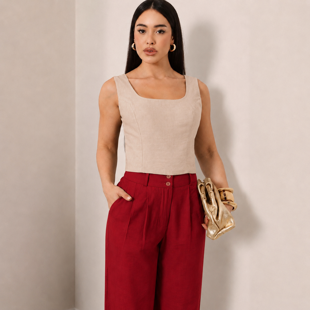 Calça Pantalona Com Botão Duplo