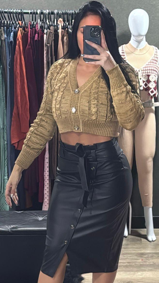 Casaquinho Cropped Tricô Manga Longa