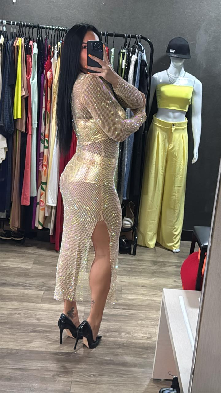 Vestido Tela C/ Lycra Strass