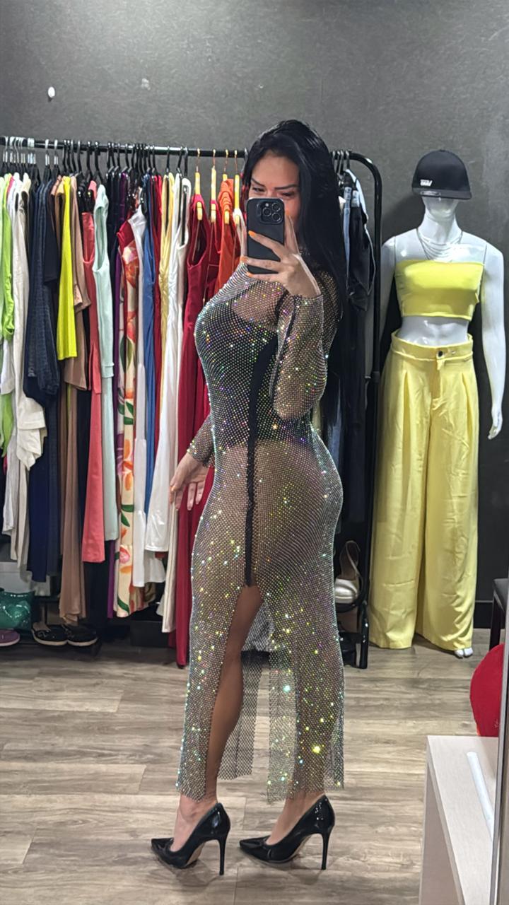Vestido Tela C/ Lycra Strass