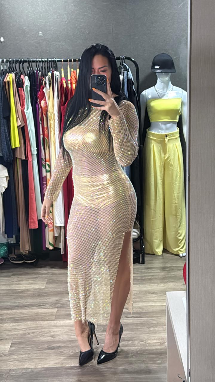 Vestido Tela C/ Lycra Strass