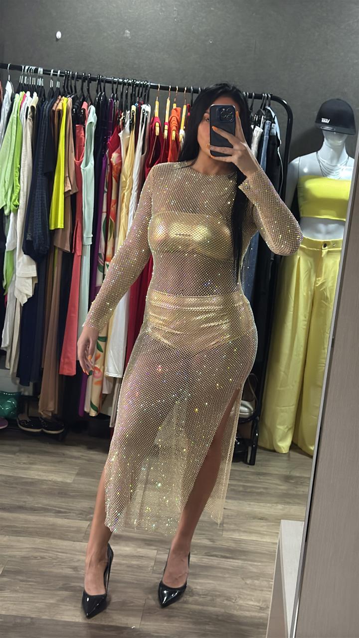 Vestido Tela C/ Lycra Strass