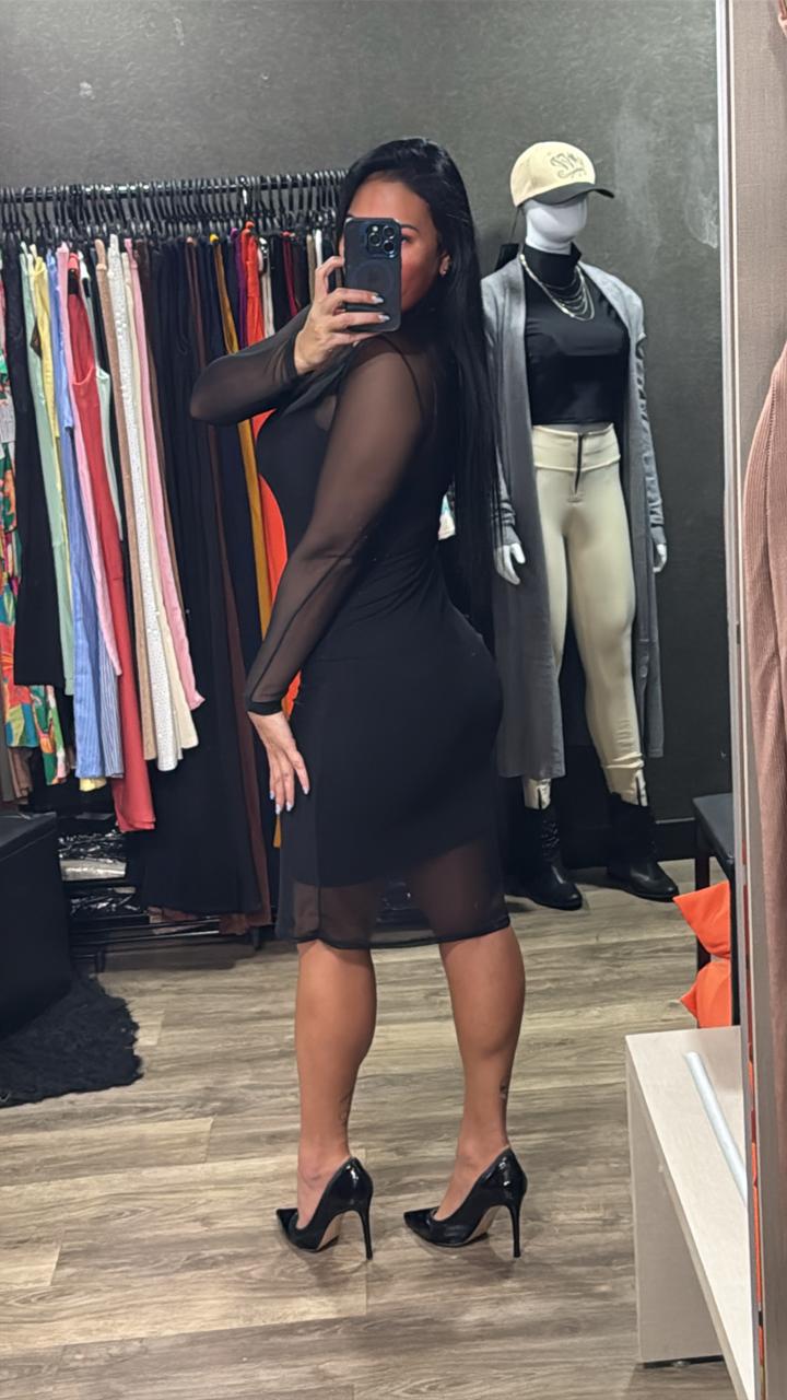 Vestido Midi + Manga Longa Tule Sobreposto