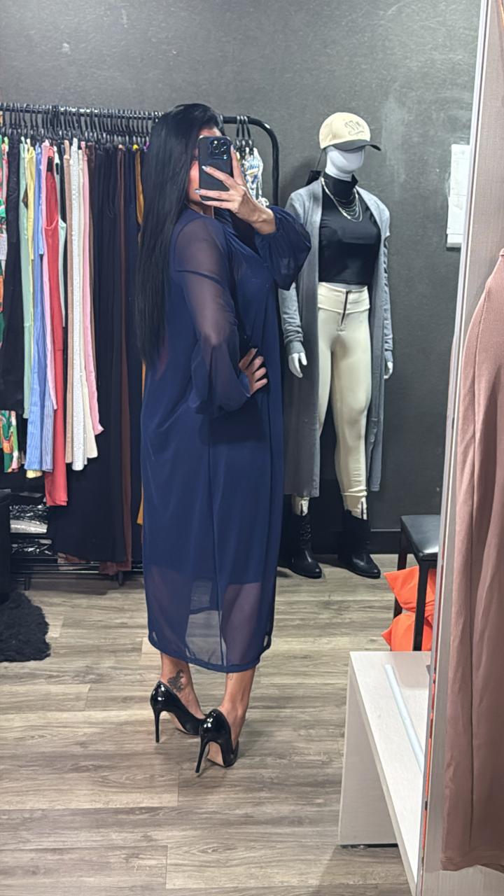 Vestido Longo + Manga Longa Tule Sobreposição