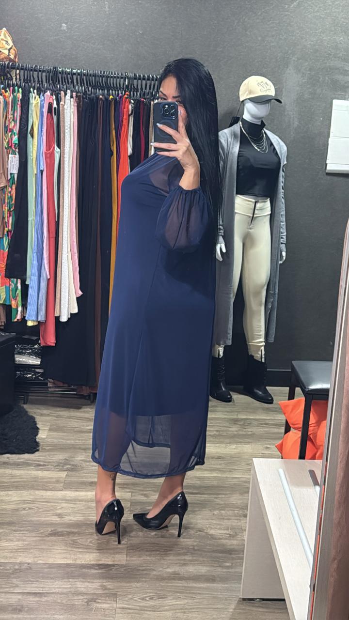 Vestido Longo + Manga Longa Tule Sobreposição