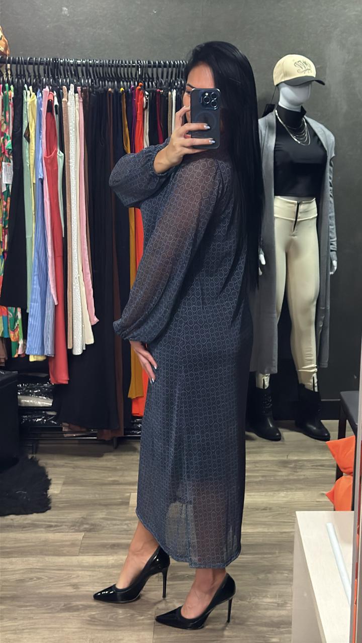 Vestido Longo + Manga Longa Tule Sobreposição