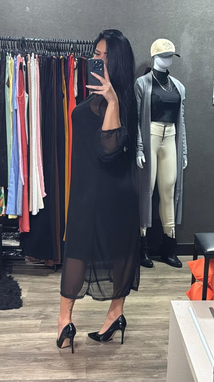 Vestido Longo + Manga Longa Tule Sobreposição