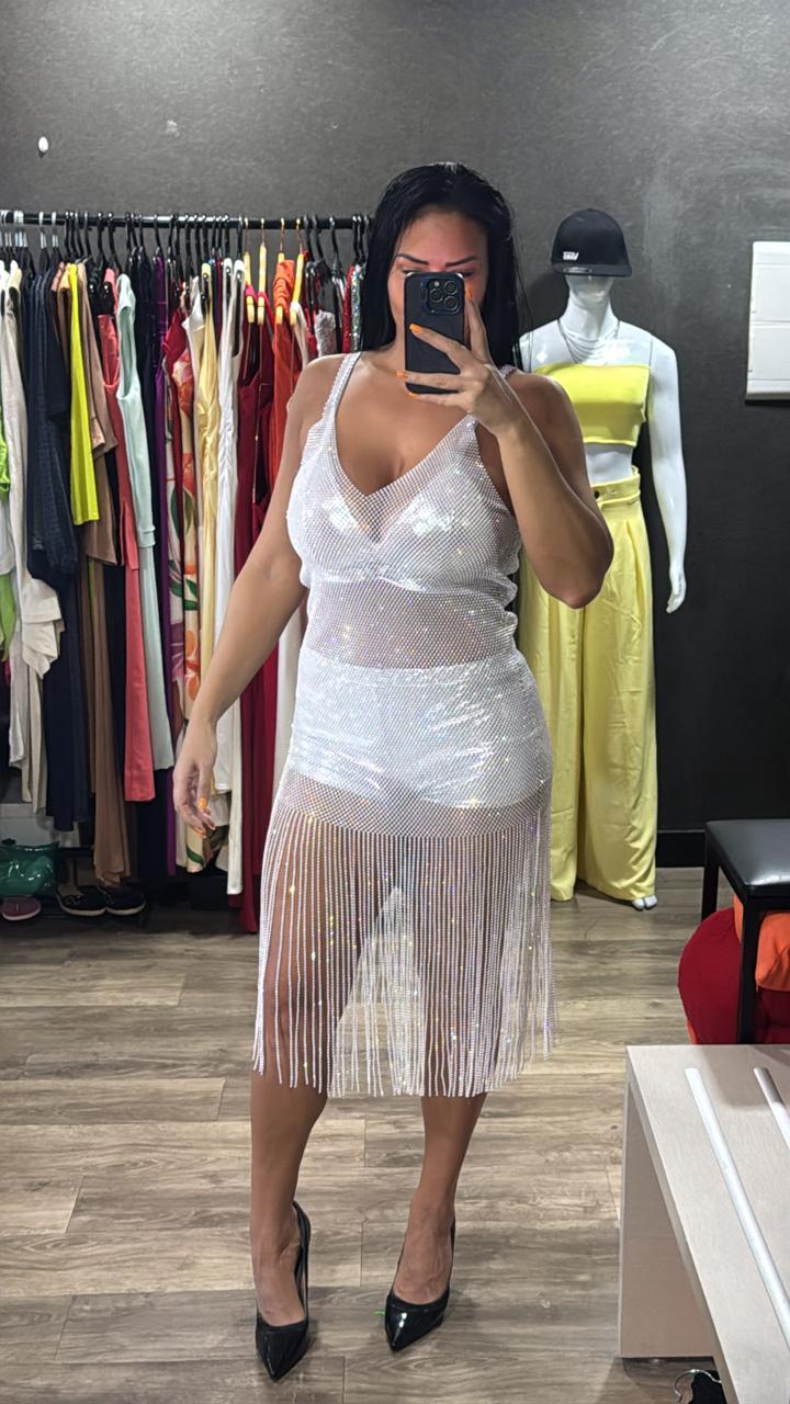 Vestido Tela Franja Lycra c/ Strass